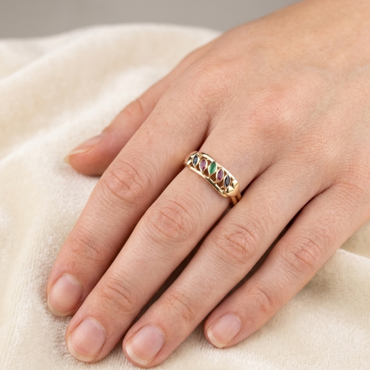 Gold Damenring mit Rubin Saphir und Smaragd, 585er Goldring