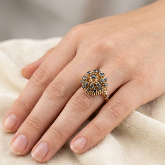 Unikat Gold Damenring mit Saphir Edelsteinen, 585er Goldring