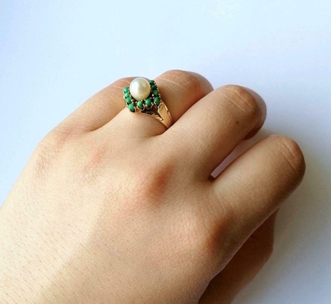Ring Gold 585er mit Perle und Türkissteinen