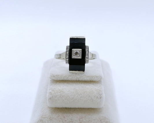 Ring Art Deco 1920 Weißgold 750er mit Onyx und Brillant Gr. 55