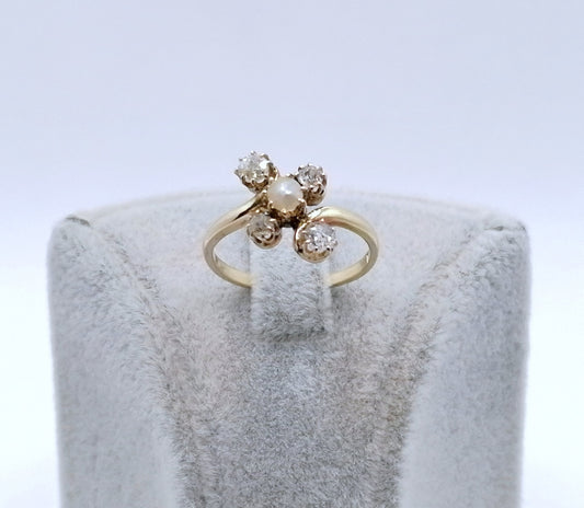 Ring Antik Gold 585er mit Barockperle und Brillanten Altschliff Gr. 51