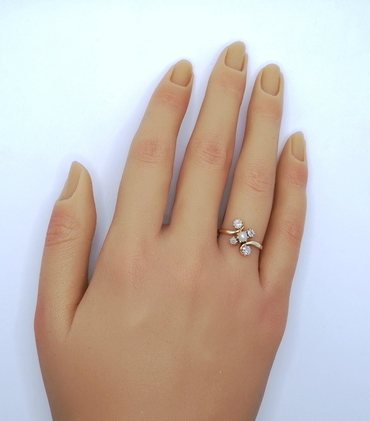 Ring Antik Gold 585er mit Barockperle und Brillanten Altschliff Gr. 51