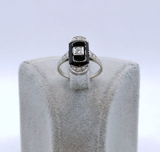 Ring Art Deco 585er Weißgold mit Onyx und Brillant Gr. 53
