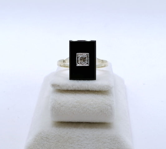 Ring Art Deco Gelbgold 585er mit Onyx und Brillant Gr. 57
