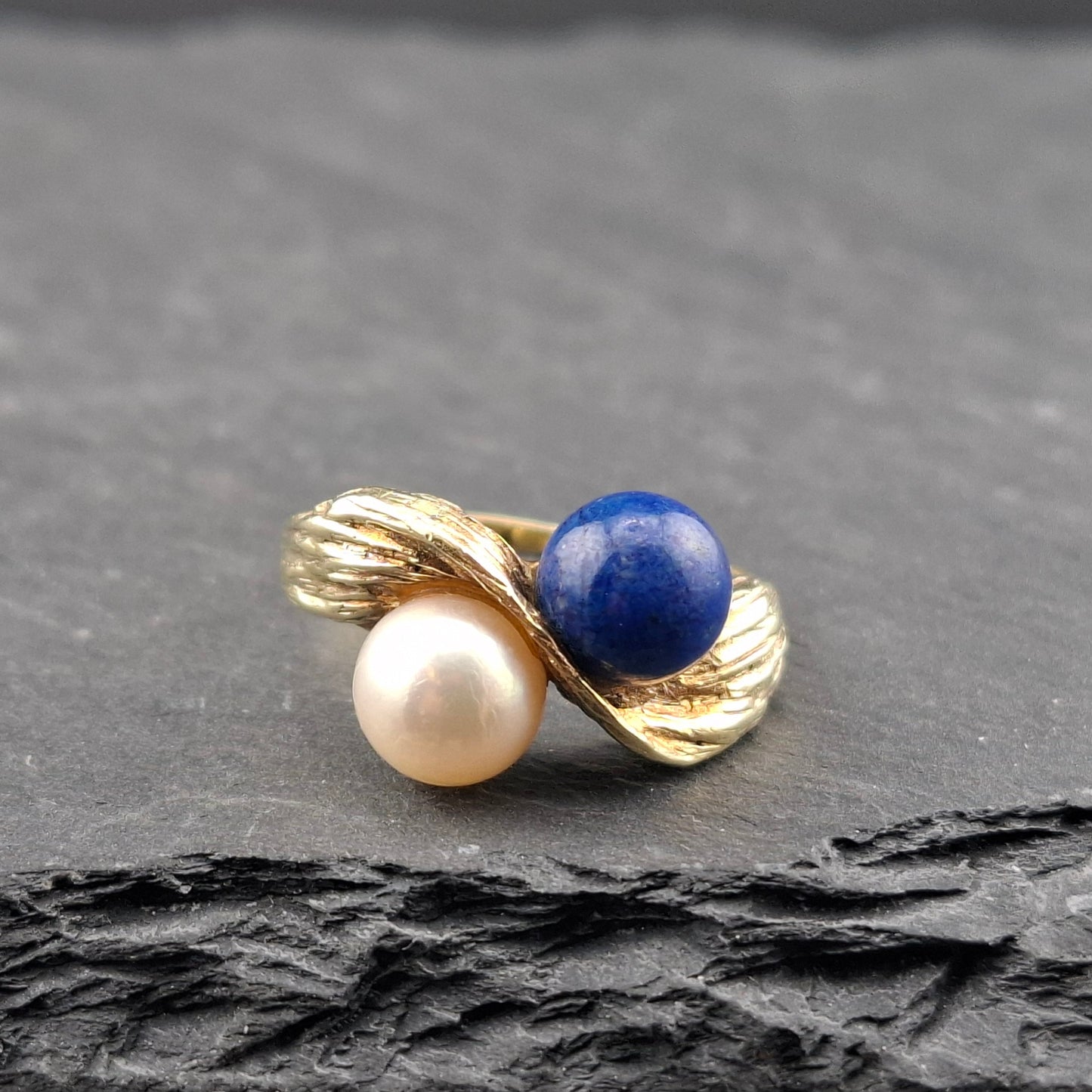 Vintage Gold Damenring mit Lapislazuli und Perle Goldring Gr. 58