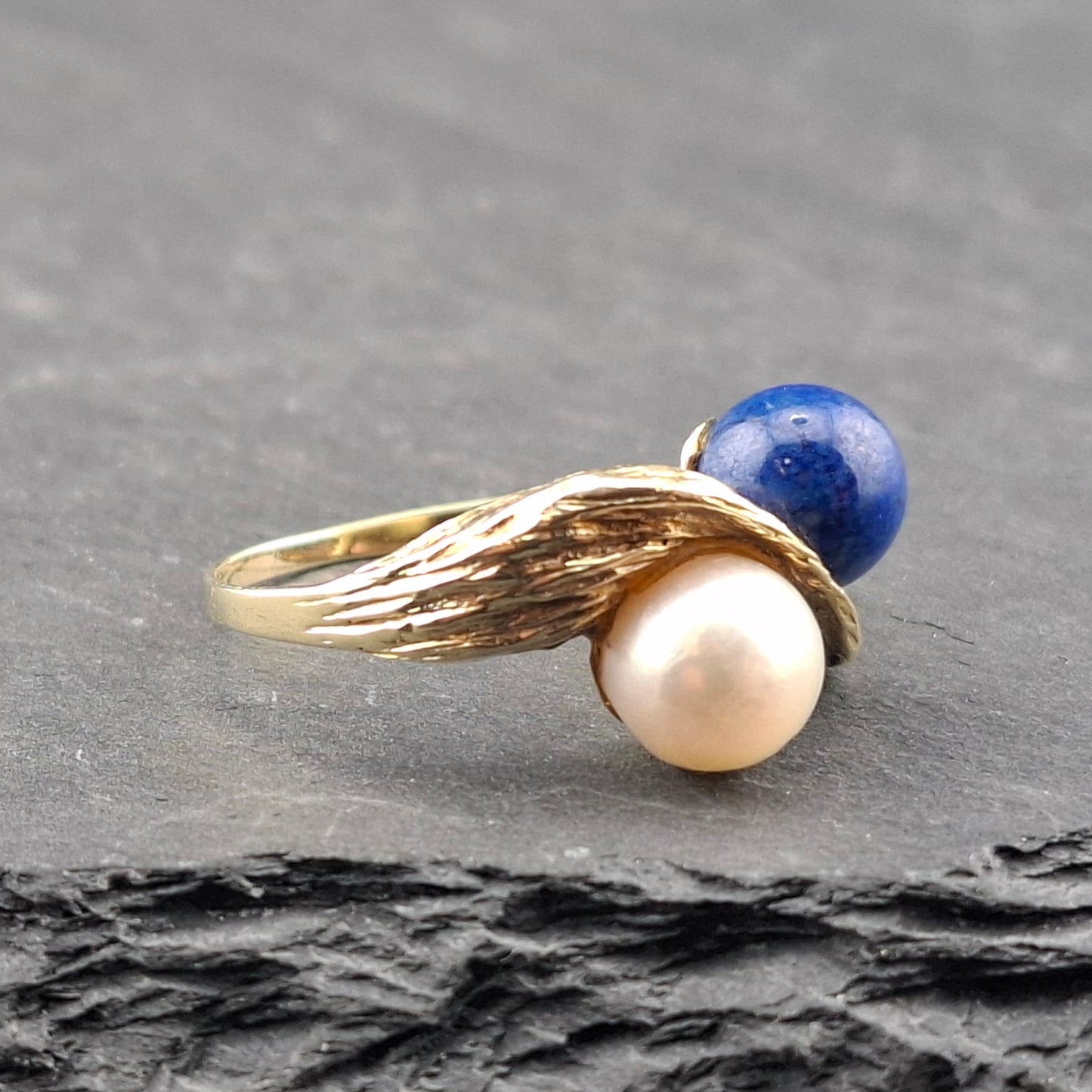 Vintage Gold Damenring mit Lapislazuli und Perle Goldring Gr. 58