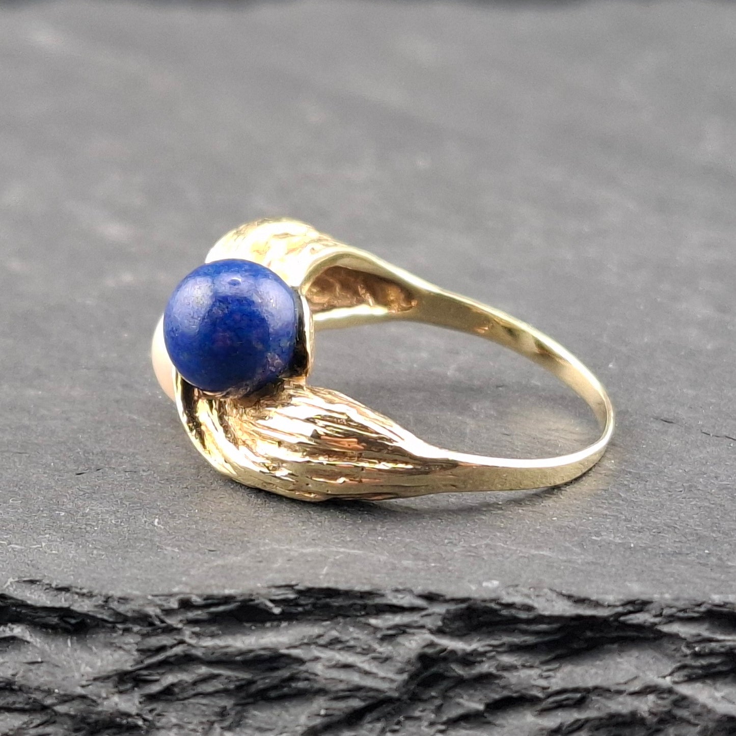 Vintage Gold Damenring mit Lapislazuli und Perle Goldring Gr. 58