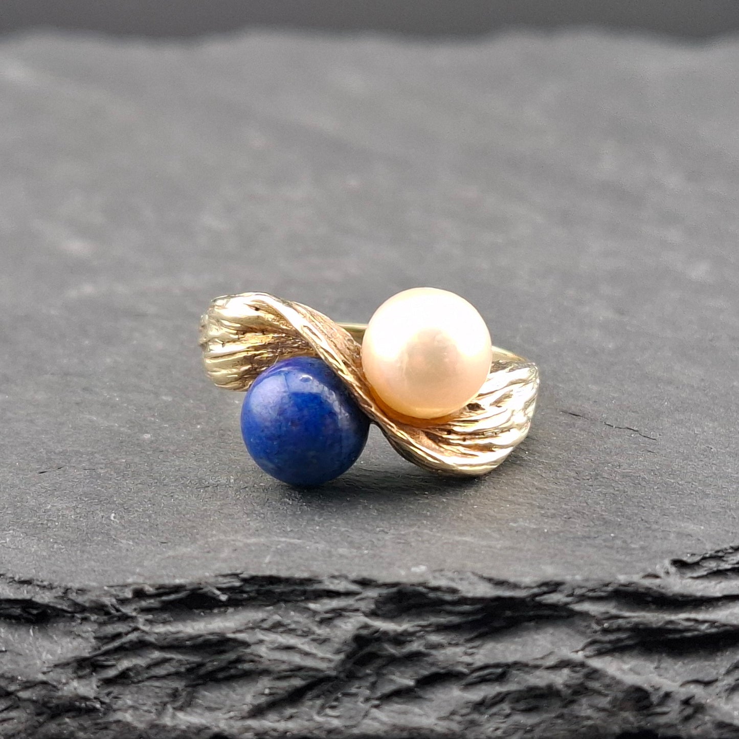 Vintage Gold Damenring mit Lapislazuli und Perle Goldring Gr. 58