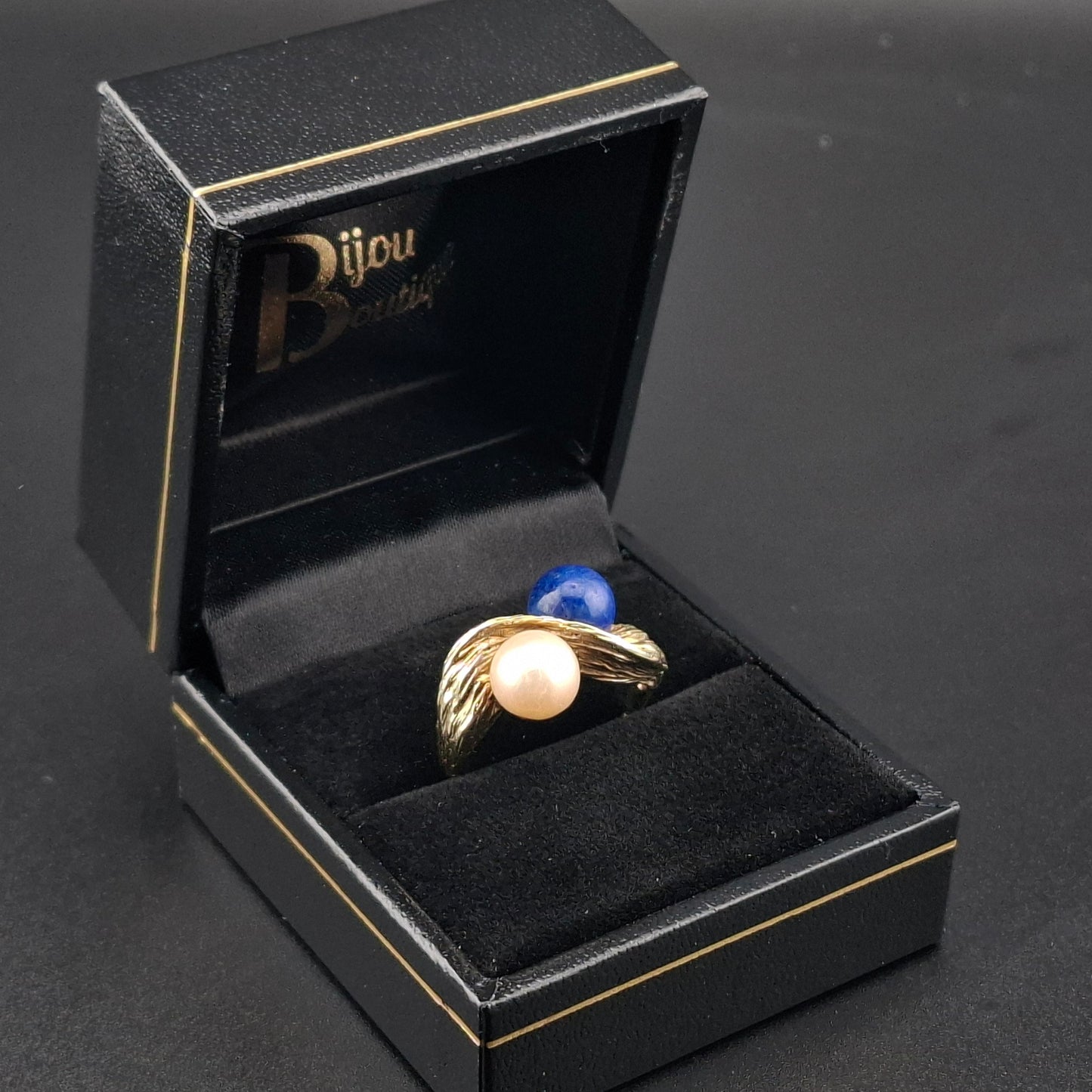 Vintage Gold Damenring mit Lapislazuli und Perle Goldring Gr. 58