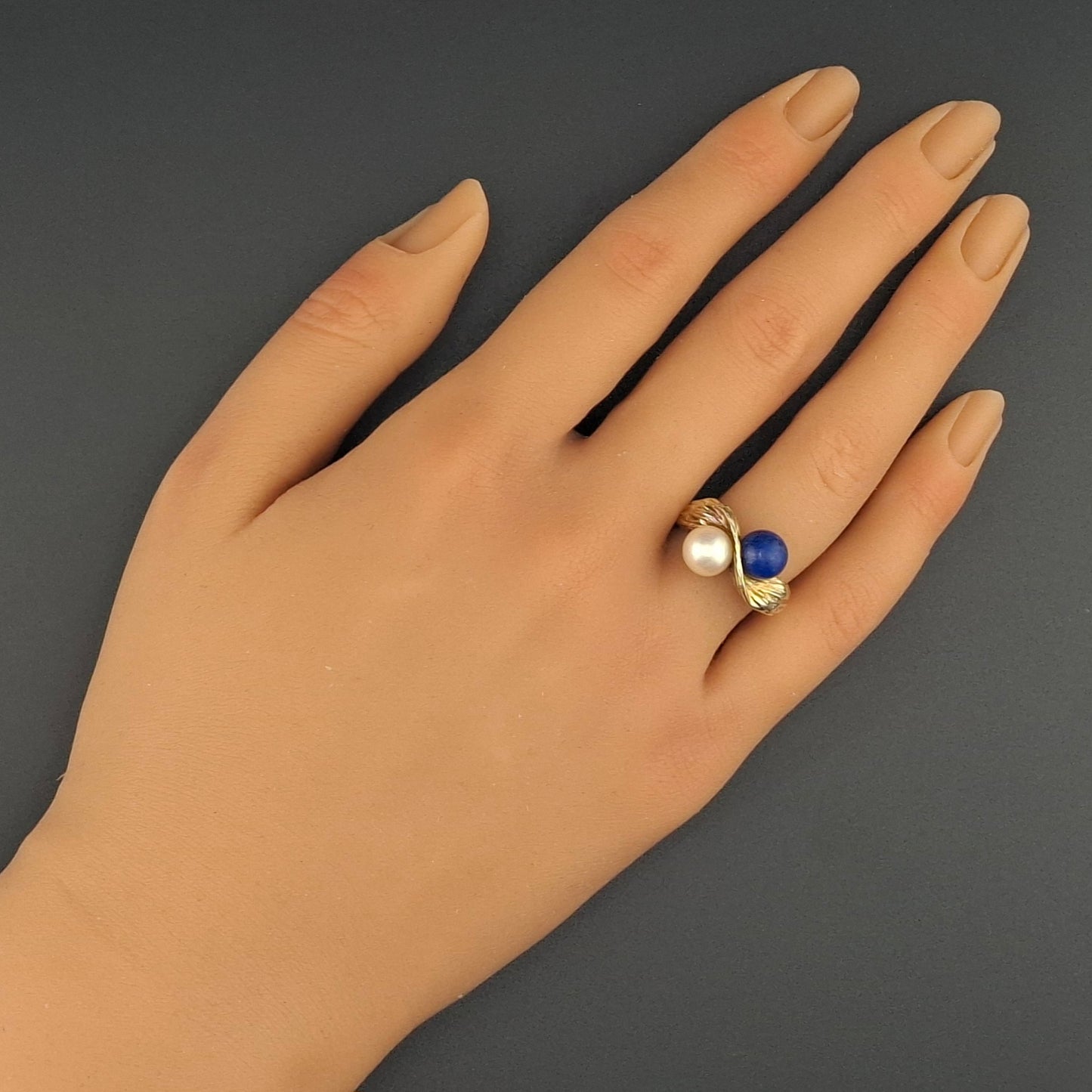 Vintage Gold Damenring mit Lapislazuli und Perle Goldring Gr. 58