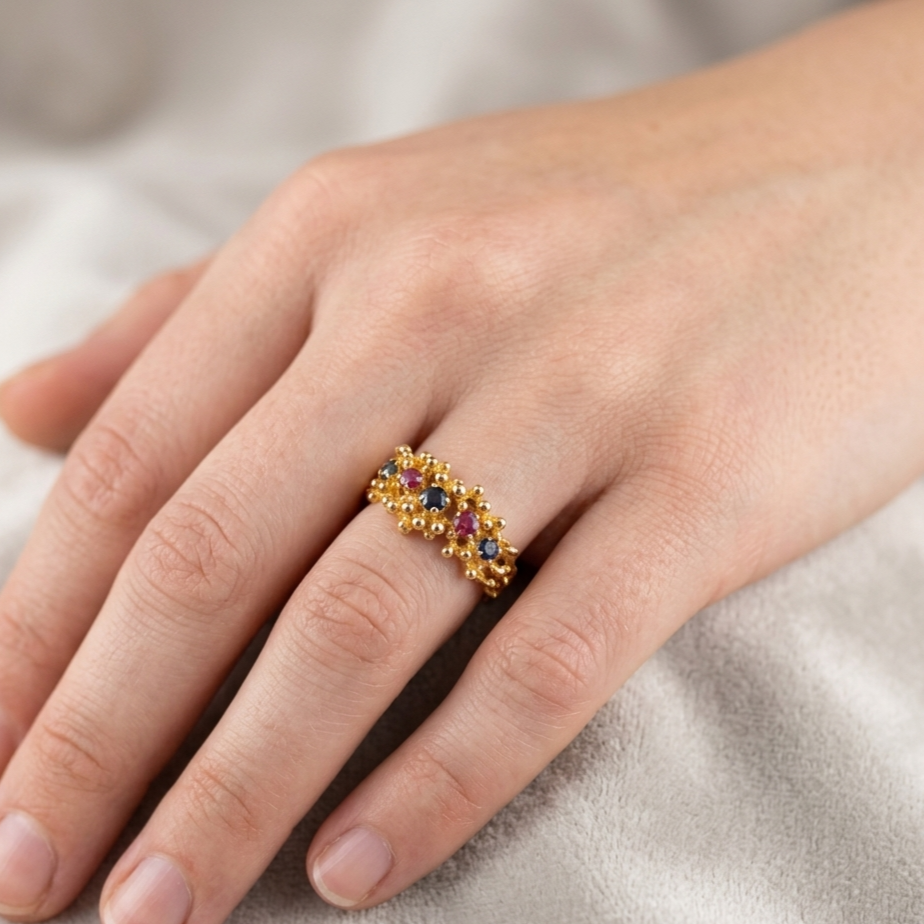 Ring Gold mit Saphir und Rubin, 750er Goldring Damenring