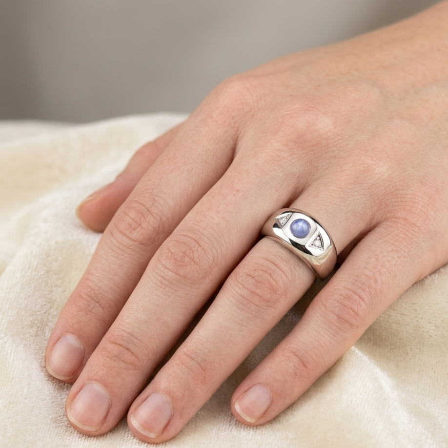 Vintage Weißgold Ring mit Stern Saphir und Brillanten